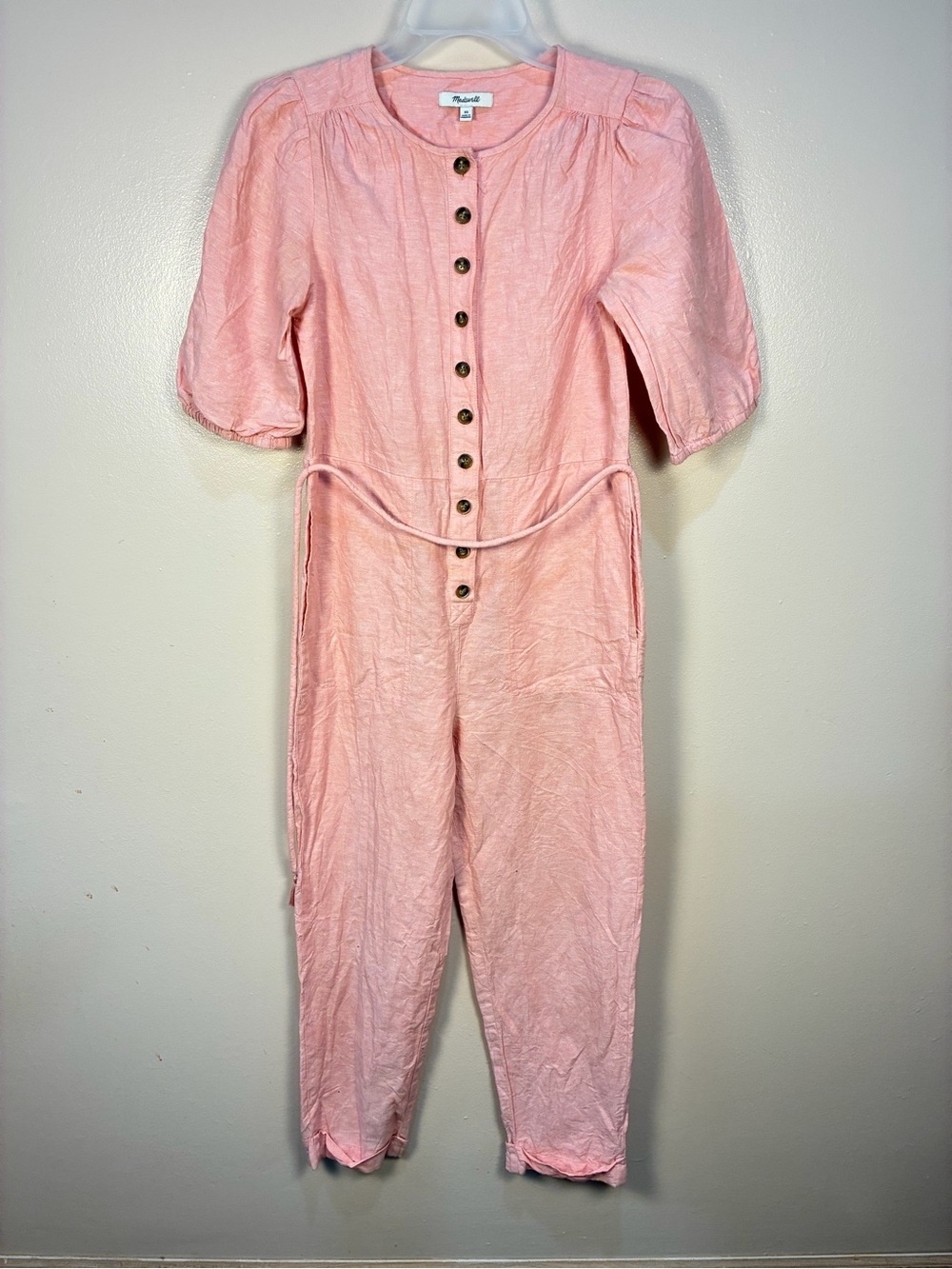 Madewell Linen Pastel Pink Puff Sleeve Jumpsuit - Picture 3 of 14